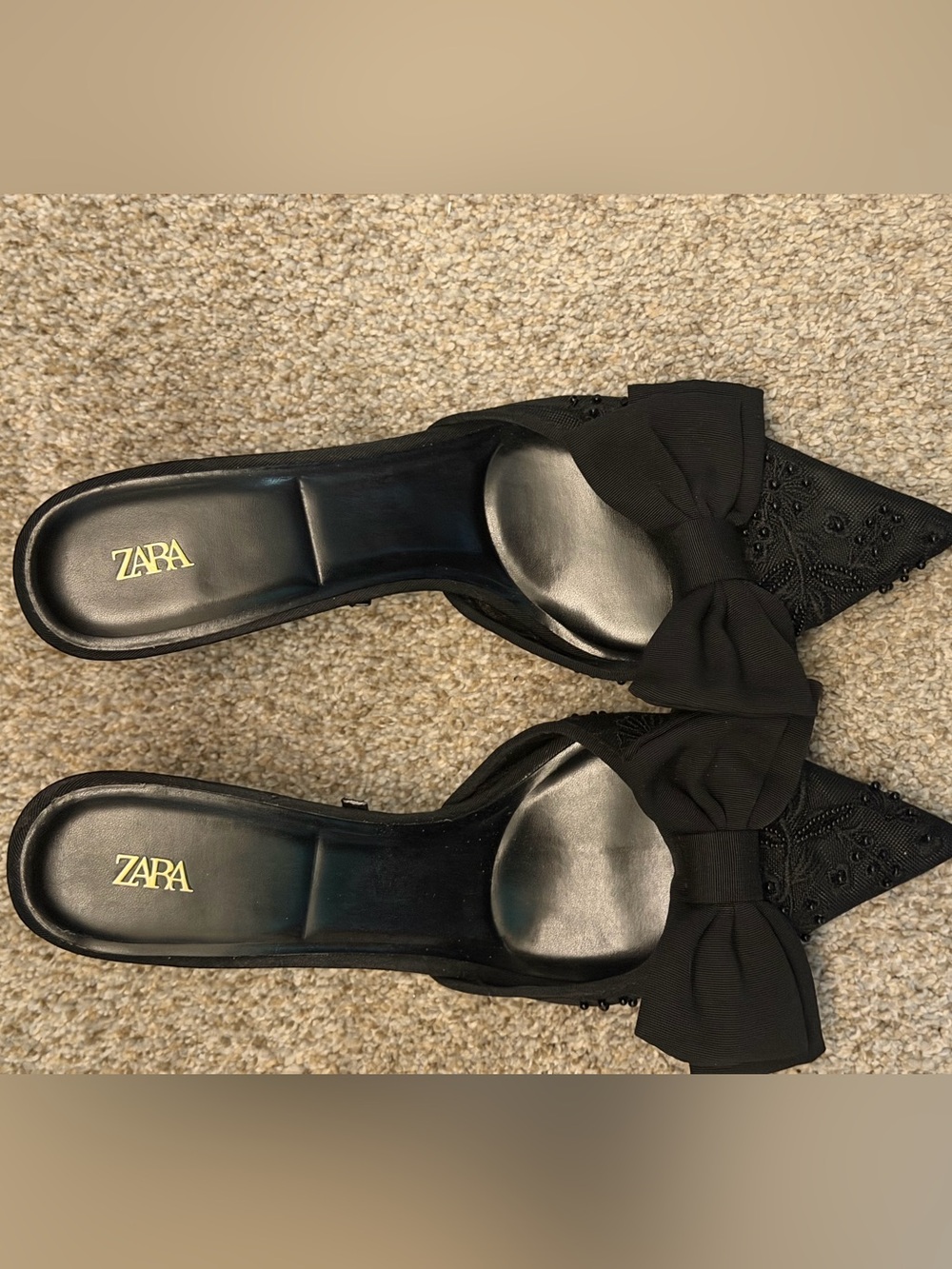 ZARA Black Pointed Bow Slip-On Flats